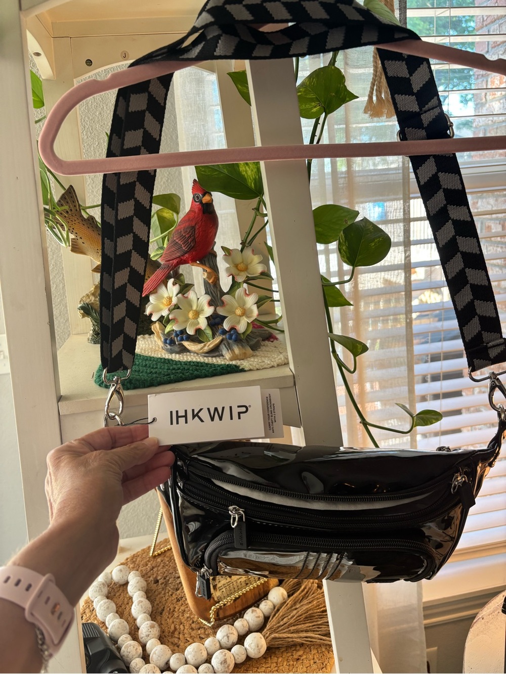 IHKWIP Black Patent Crossbody Belt Bag with Geometric Strap